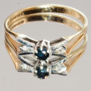 9ct Gold Diamond & Sapphire Trilogy Ring UK Size P Pre Owned