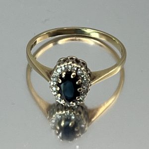 9ct Gold Blue Topaz & Diamond Halo Ring UK Size N Pre Owned