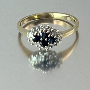 9ct Gold Sapphire Diamond Cluster Ring UK Size 0 Pre Owned