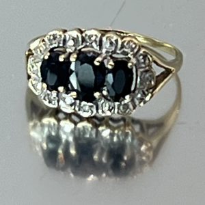 9ct Gold Sapphire Diamond Cluster Ring Pre Owned Size K1/2