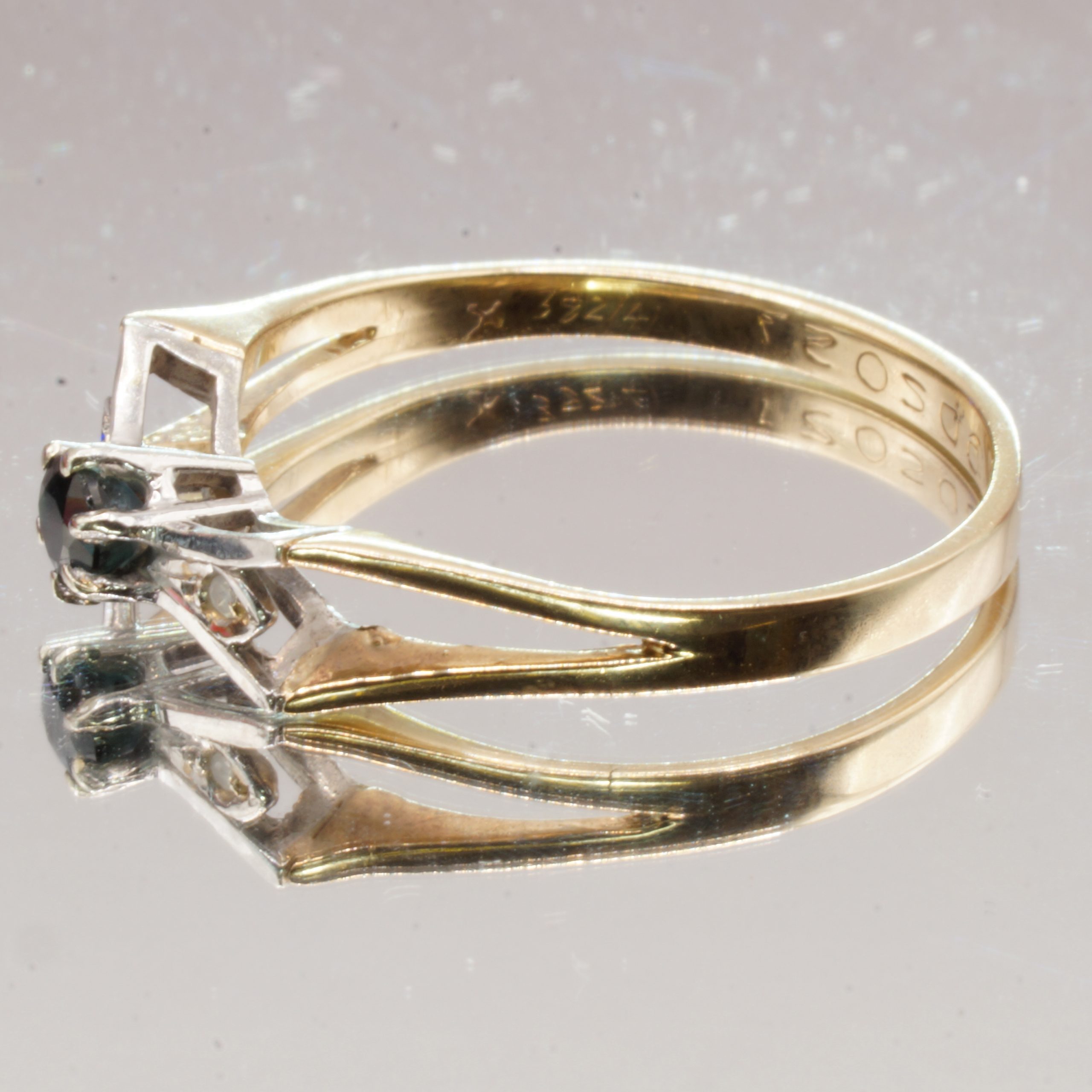 9ct Gold Diamond & Sapphire Trilogy Ring UK Size P Pre Owned - Image 2