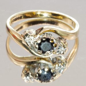 9ct Gold Diamond Sapphire Trilogy Ring UK Size I Pre Owned