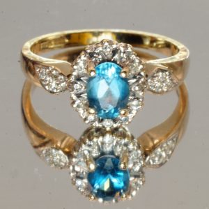 9ct Gold Indigolite Diamond Halo Ring UK Size M1/2 Pre Owned