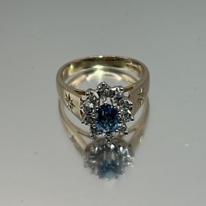 9ct Gold Indigolite & Diamond Halo Ring UK Size O1/2 Pre Owned