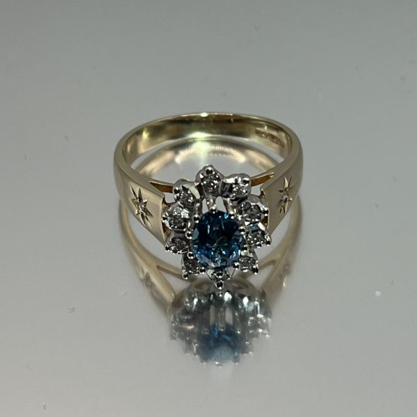 9ct Gold Indigolite & Diamond Halo Ring UK Size O1/2 Pre Owned
