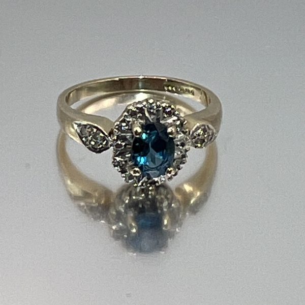 9ct Gold Blue Indigolite Diamond Halo Ring UK Size M1/2 Pre Owned - Image 2