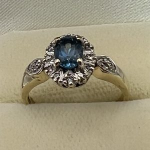 9ct Gold Blue Indigolite Diamond Halo Ring UK Size M1/2 Pre Owned