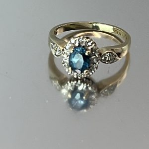 9ct Gold Blue Indigolite Diamond Halo Ring UK Size M1/2 Pre Owned