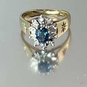 9ct Gold Indigolite & Diamond Halo Ring UK Size O1/2 Pre Owned
