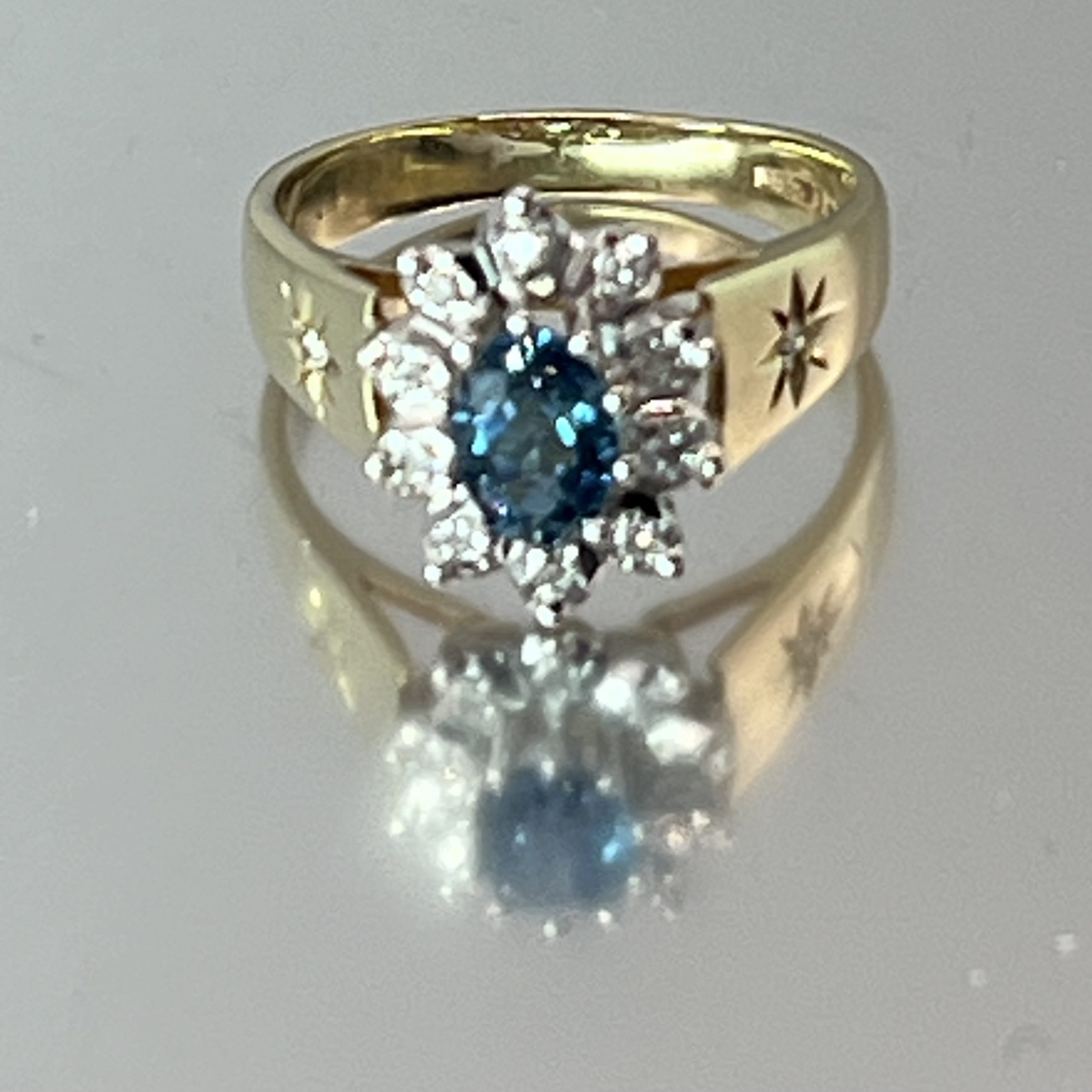 9ct Gold Indigolite & Diamond Halo Ring UK Size O1/2 Pre Owned