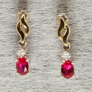 9ct Gold Ruby Diamond Dangle/Drop Earrings Hallmark Pre Owned