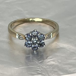 9ct Yellow Gold Tanzanite Diamond Cluster Ring Hallmark Pre Owned UK Size P