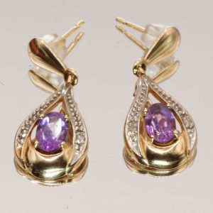 9ct Gold Amethyst Diamond Drop Earrings Pierced Ears PreOwned