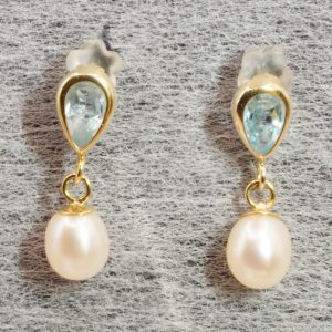 9ct Gold Aquamarine & Pearl Dangle Earrings Pierced Ears Pre Owned