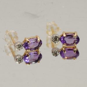 9ct Gold Amethyst Diamond Stud Earrings Pierced Ears PreOwned