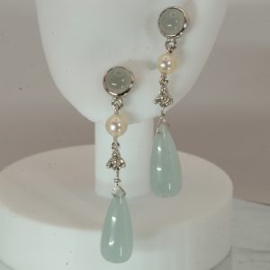 10ct White Gold Jade Pearl Drop Earrings Pierced Ears PreOwned