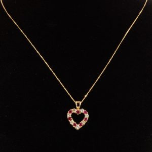 9ct Yellow Gold Ruby Heart Pendant 20 Inch Chain Hallmark Pre Owned