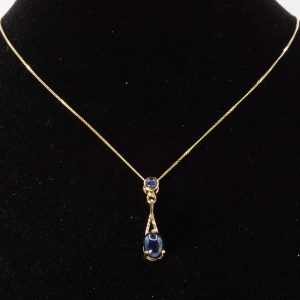 9ct Gold 17 Inch Dainty Necklace Sapphire Pendant Pre Owned